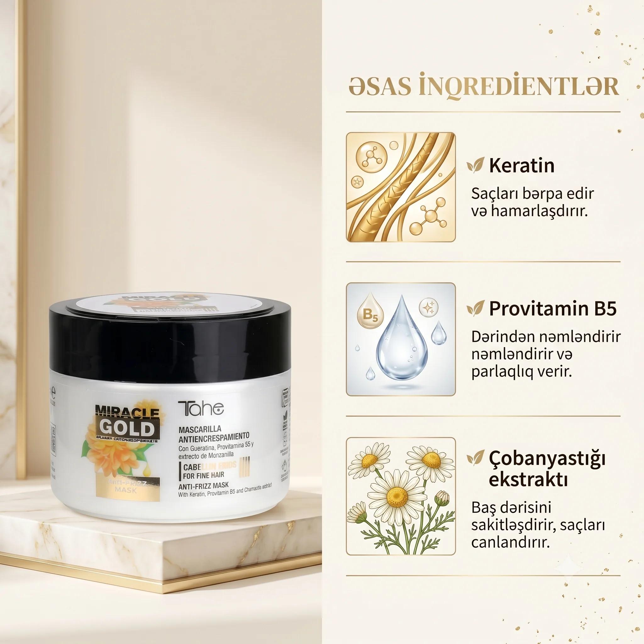 Tahe Miracle Gold Anti-Frizz Mask For Fine Hair 300ml - миниатюра 3